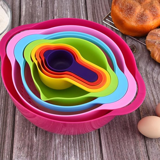 8-delige-Multifunctionele groentewasmand poederzeef -Afdruipmand-Meng en Maatkommen-stapelbaar-Beslagkommen