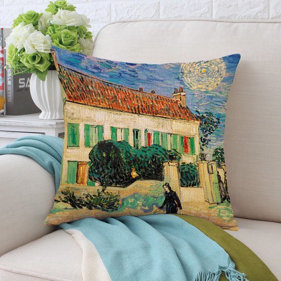 TDR - Sierkussensloop - van katoen en linnen - 45 x 45 cm - Thema: van Gogh ,Het witte huis bij nacht