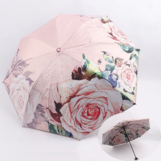 Opvouwbaar bloem paraplu - Zonbescherming Anti-Uv UPF50 + -Windproof- Stevig paraplu met diameter van 97 cm -licht roze
