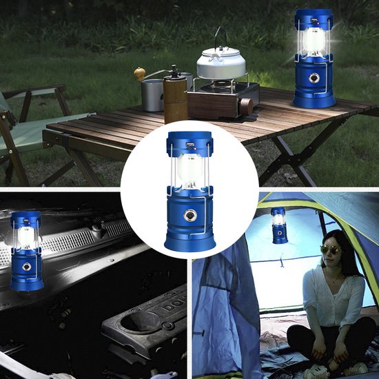 Multifunctionele Solar LED Campinglamp met Handvatten - IP10 - USB-lader en Powerbank-blauw