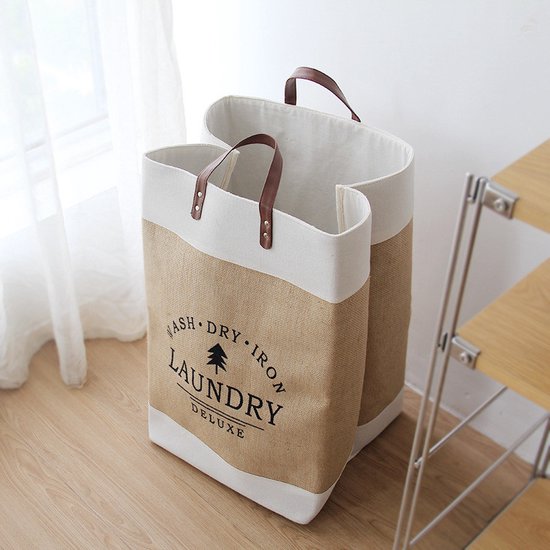 Bedrukte wasmand katoen-linnen 40x30x55 cm, opvouwbaar beige