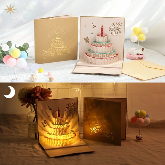 3D Verjaardagskaart met Licht- en Kaarseffecten - 15x15cm