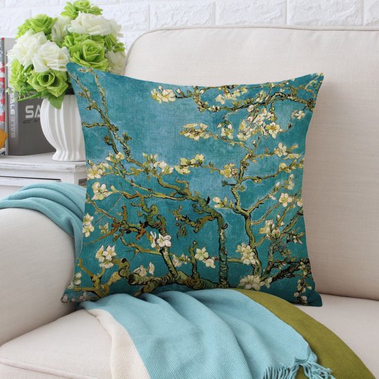 Kussensloop – Thema: van Gogh Amandelbloesem -Premium Katoen-Linnen, Kleurvast & Slijtvast, met Handige Rits -45x45cm