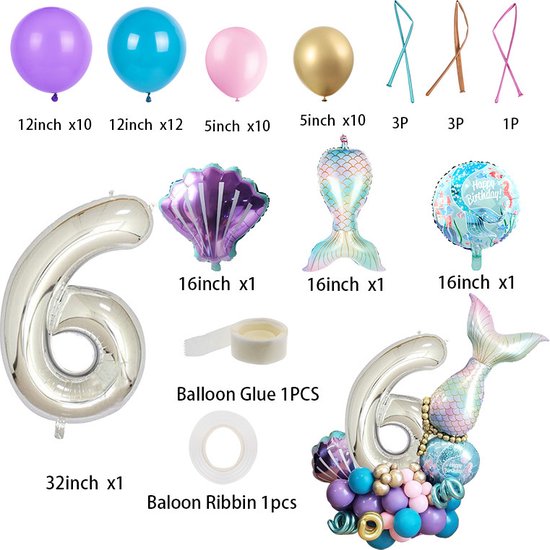TDR-Digitale Zeemeermin Ballon Set 6 jaar -themafeest-Kinderfeestje-Decoratie set