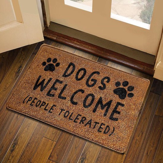 Humoristische en Absorberende Deurmat voor Hondenliefhebbers -"DOGS WELCOME (PEOPLE TOLERATED)"- schoonloopmat 48*81cm