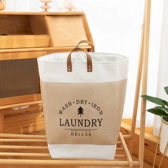 Stijlvolle Bedrukte Wasmand van Hoogwaardig Katoen-Linnen met Handvat - Chic en Ruimtebesparend Opbergwonder - Grote Capaciteit - Opvouwbaar Ontwerp40*30*55CM-beige