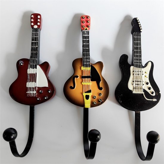 Gitaar Kapstokhaken Set – 3-pack – Metaal – Zwart – Decoratieve Wandhaken Muziek – Kapstokhaak Gitaarvorm