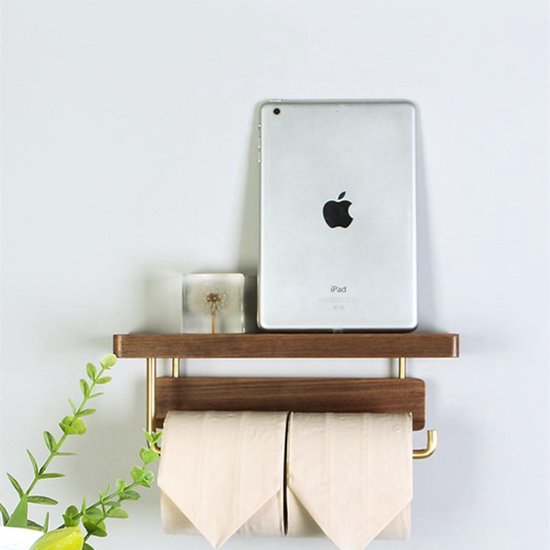 Luxe Zelfklevende Toiletrolhouder met telefoonplankje- Hout & Messing - Geen Boren Nodig-28x10x10cm-donkerbruin