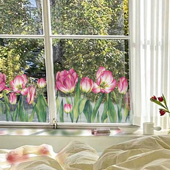 Kleurrijke Tulp Raamfolie Roze – Verduisterende Glasfolie 40x110 cm – Decoratieve Zelfklevende Bloemenfolie