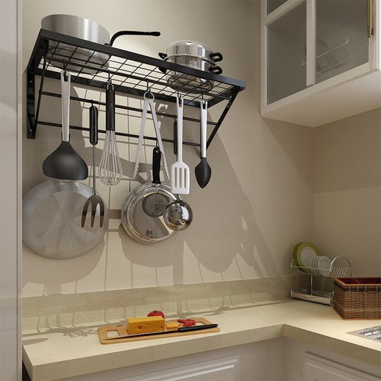 Stijlvol en Duurzaam Metalen Keukenrek met 10 Haken-Opbergrek voor Pannen en keukengerei-60*30*23cm-zwart