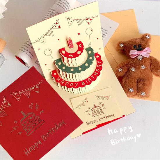 3D Pop-up Verjaardagskaart met Taartontwerp- Feestelijke Decoraties en Opnamefunctie-14.4x14.4cm