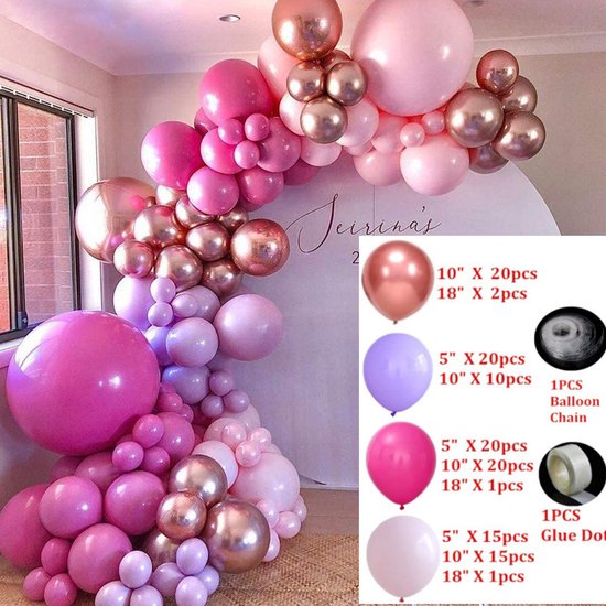 126 delige  Ballonnenset -Ballonnenboog- Decoratie Feestpakket-Verjaardag-jubileum-Huwelijk-paars en roze