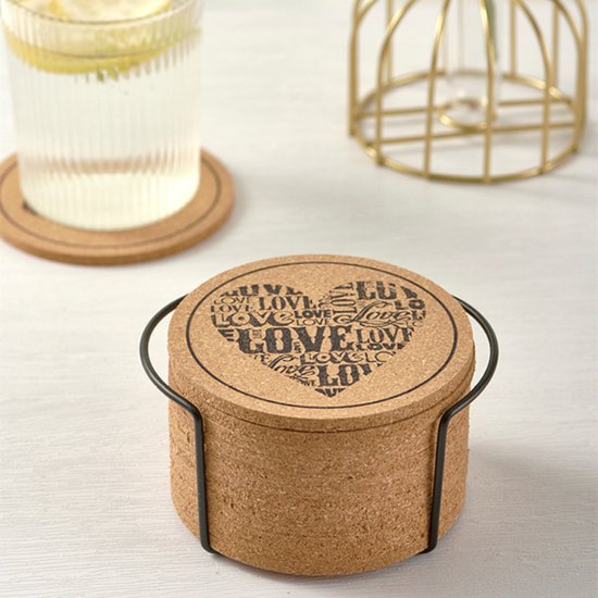 12 Kurken Onderzetters met Houder - Katten, Rozen, Koffieprints