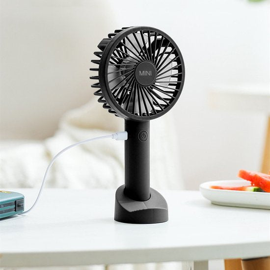 Draagbare Ventilator - oplaadbaar met USB - kan mobiel op voet plaatsen - perfect voor op op reis, buiten met warm weer - zwart