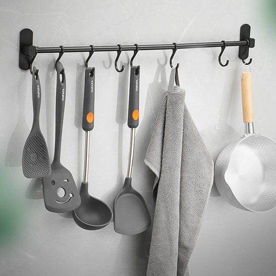 Ruimtebesparende Keukengerei Wandbeugel-keukengereihouder met 8haakjes-Aluminium Keukenrail -49.5CM-zwart