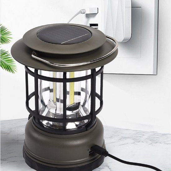 Multifunctionele Compacte Kampeerlamp met Powerbank - Duurzaam, Dimbaar & Waterdicht - USB/Zonne-Energie Opladen - Ideaal voor Outdoor & Tuin-zwart