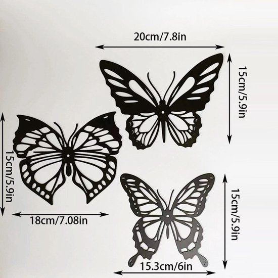 Metalen vlinder wanddecoratie 3-pack zwart 3D binnen/buiten