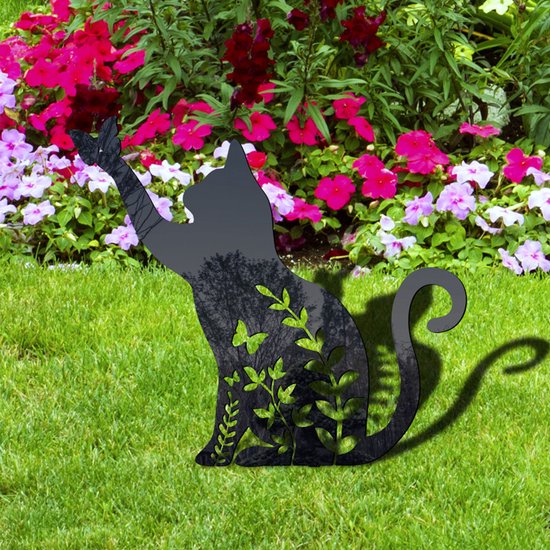 Metalen tuinsteker zwarte kat bloem silhouet met vlinder