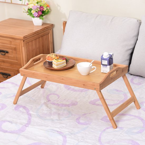 Multifunctionele Bamboe Bedtafel - Ideaal voor Ontbijt op Bed & Laptopgebruik - Opklapbaar en Draagbaar met Antislip Rand 50*30*6CM