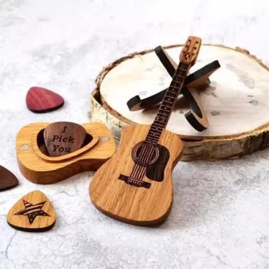 Houten Gitaar Plectrumdoos – Uniek Cadeau voor Gitaristen – Gitaarvormig Bewaardoosje – 12cm – Houtkleur