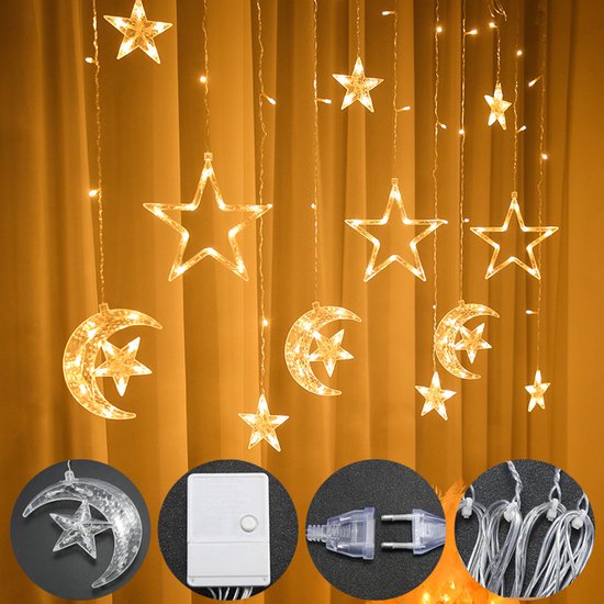 LED Lichtgordijn – Maan & Ster – Ramadan Decoratie – 3,5m – 120 LED – Extra Warm Wit – Binnenverlichting – IP44