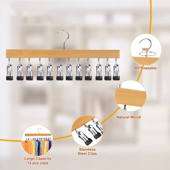 2x Houten sokkenhanger 12 knijpers voor luchtdrogen