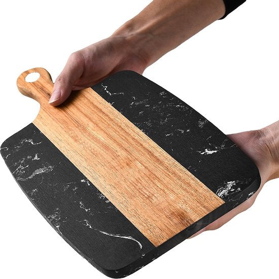 Luxe Marmer & Houten Snijplank met Handvat - Zwart 34,9x18,5