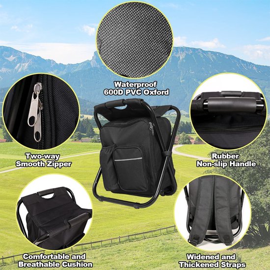 3-in-1 Visstoel met Koeltas - Verstelbare Vouwkruk Zwart