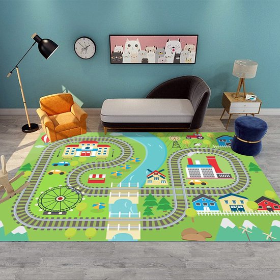 Laagpolig Speelkleed Treinspoor 80x120cm voor Kinderen