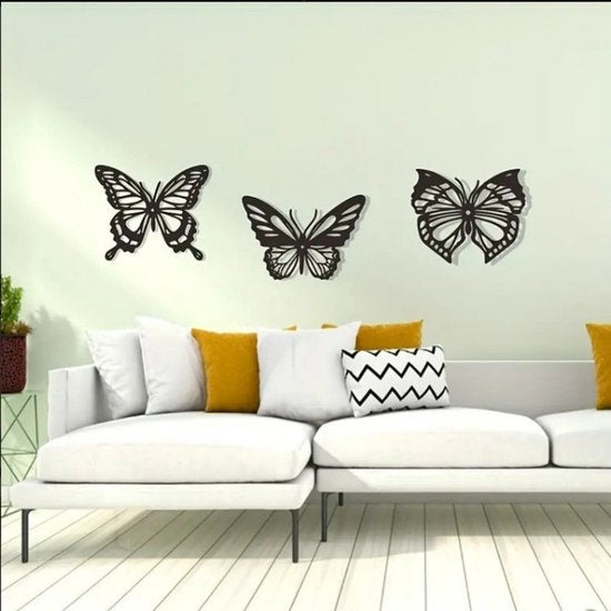 Metalen vlinder wanddecoratie 3-pack zwart 3D binnen/buiten