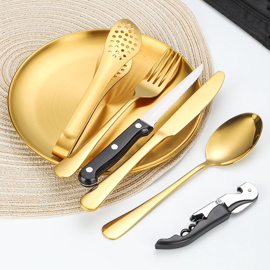 11-delig RVS Bestekset voor Picknick en BBQ - Gold, 2 Pers.