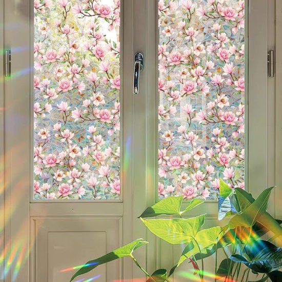 Milieuvriendelijke PVC Glasfolie - Kleurrijk Magnolia patroon - Zelfklevend - Privacy en UV Bescherming - 40x100 cm