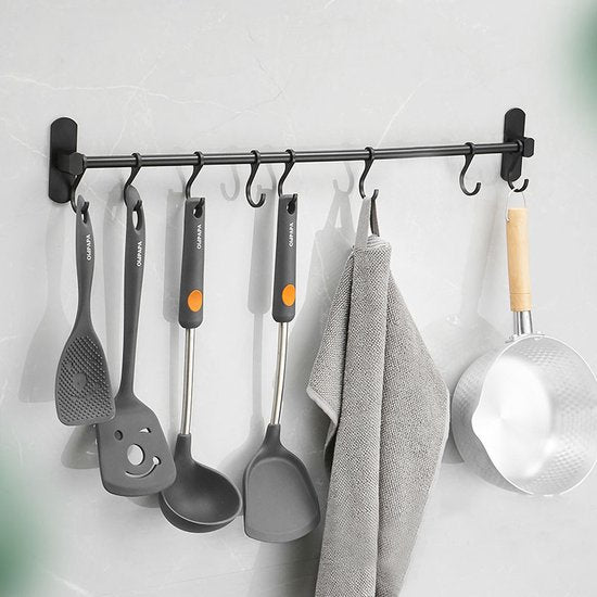 Keukengerei wandbeugel 8 haken, aluminium 49,5 cm zwart