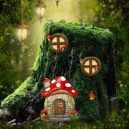 4 delige spookachtige paddestoelhuis set- tuindecoratie-met Lichtgevende ontwerp