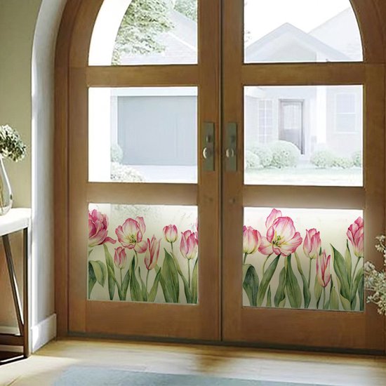 Kleurrijke Tulp Raamfolie Roze – Verduisterende Glasfolie 40x110 cm – Decoratieve Zelfklevende Bloemenfolie