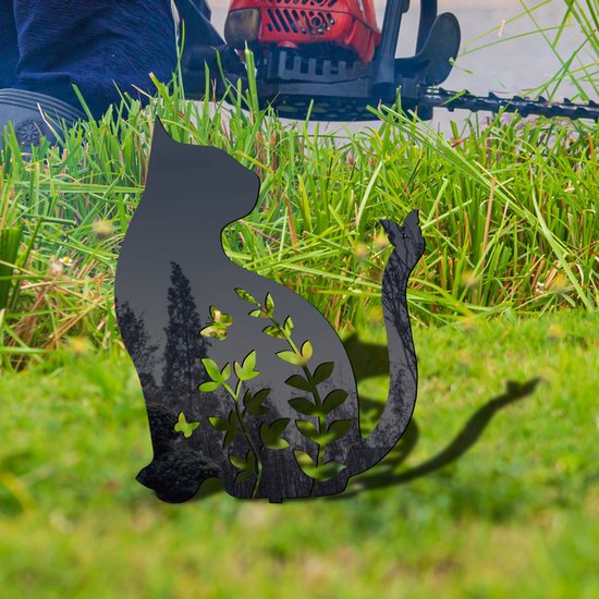 Metalen tuinsteker-Kat met Vlinder Silhouet-Sierlijke tuindecoratie-20x31cm