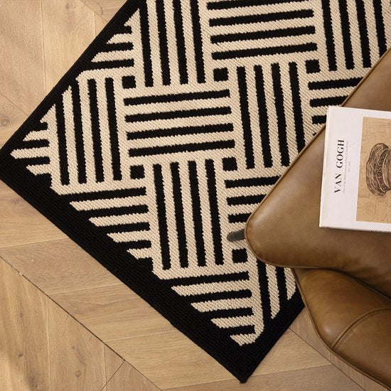 Antislip Deurmat - Geometrisch Patroon met Diagonale Lijnen - Absorberend en Wasbaar - Ideaal voor Binnen 60X90CM-zwart