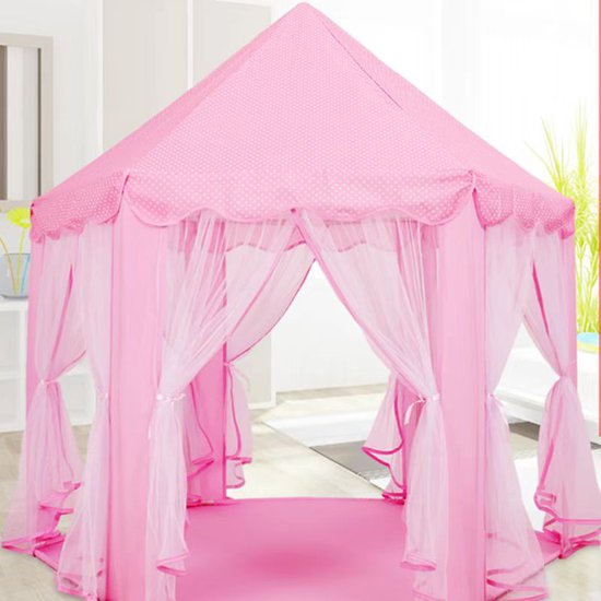 Kinder Speeltent met Sterretjes Verlichting- Kasteel Design -Princess Castle Game Tent- Binnen en Buiten - Roze - 140x70x135CM