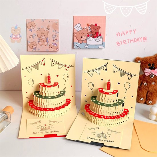 3D Pop-up Verjaardagskaart met Taartontwerp- Feestelijke Decoraties en Opnamefunctie-14.4x14.4cm