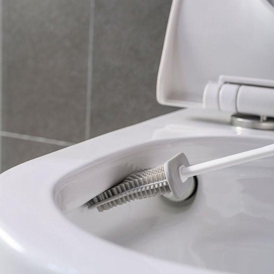 2 Stuks Antibacteriële Siliconen WC-borstel Set met Platte Brede en Ronde Borstelharen - Inclusief Borstelhouder - grijs