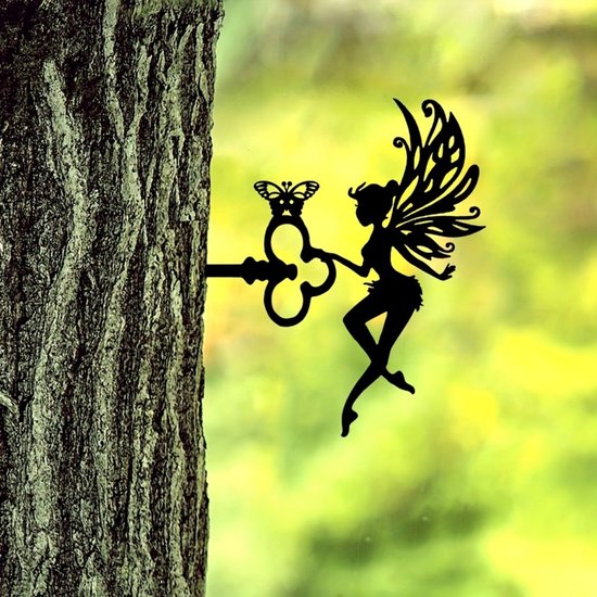 Fairy Angel Tuindecoratie met Sleutel – Zwart Metaal – 25 cm