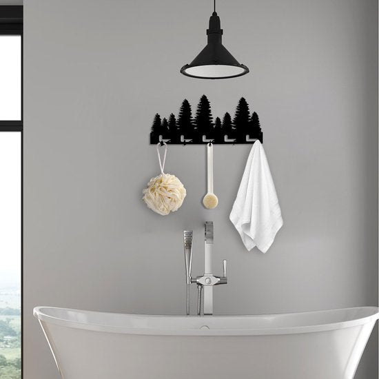 Bos Silhouette Sleutelrek – 5 Metalen Haken – Wandmontage