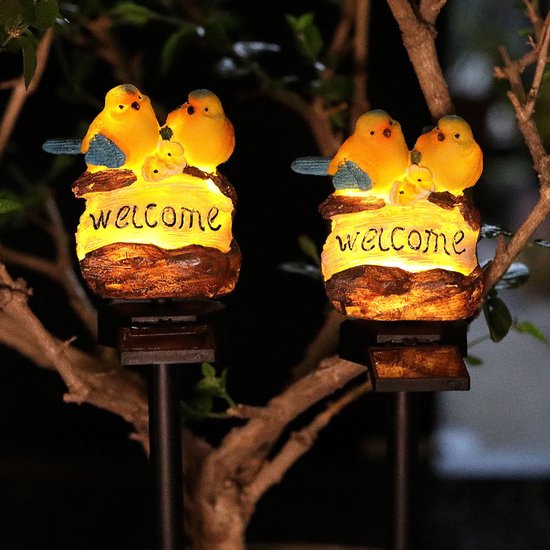 Solar tuinlamp welkomstlamp met vogels, geel 39 cm