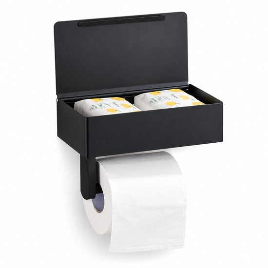 KAIA - WC Rolhouder met Plankje - 3-in-1 Toiletrolhouder - Vochtig Toiletpapier Houder - Zelfklevend - RVS - Zwart