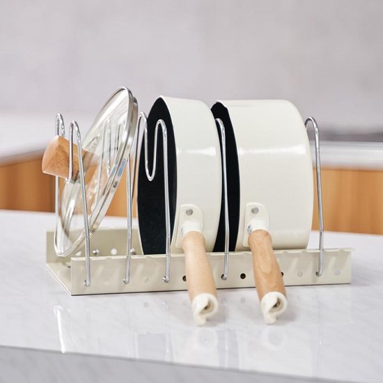 Verstelbaar RVS Pannenrek - Keukenorganizer - Wit