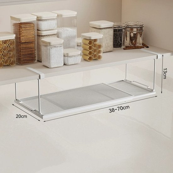 Uittrekbaar en Ophangbaar Metalen Opbergrek - Verstelbare Lengte 38 cm tot 70 cm - Perfect voor Keuken, Kledingkast, Badkamer en Schoenenkast-wit