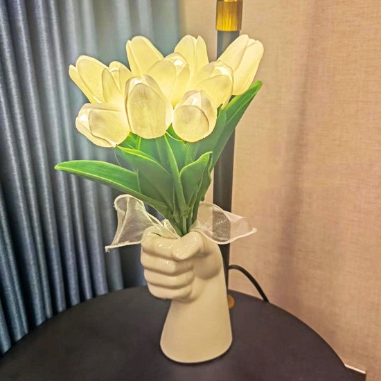 Bosje 10 witte LED Kunsttulpen op batterij - Moederdag