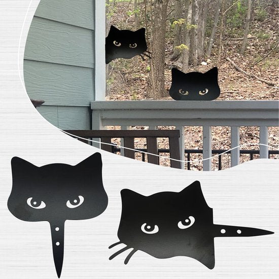 Katten decoraties set - Tuinbeelden dieren - Buiten versieren - Stevig staal - Set van 2 - Zwart