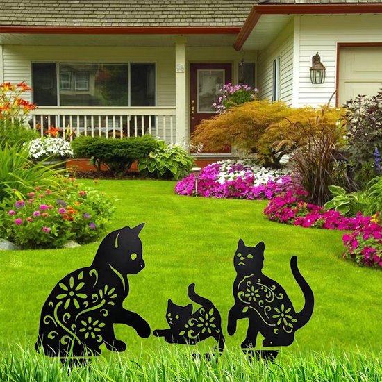 Metalen tuinstekers set – 3 katten tuinbeelden