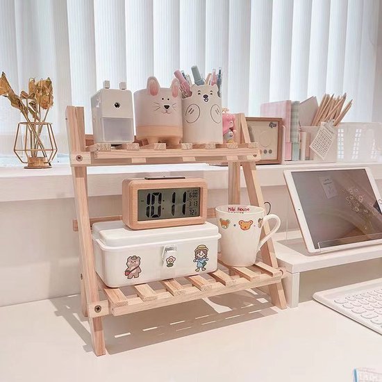 opvouwbare Houten Bureau Organiser - Bureau opbergrek van hout-2 opberglagen- 35x17x35 CM